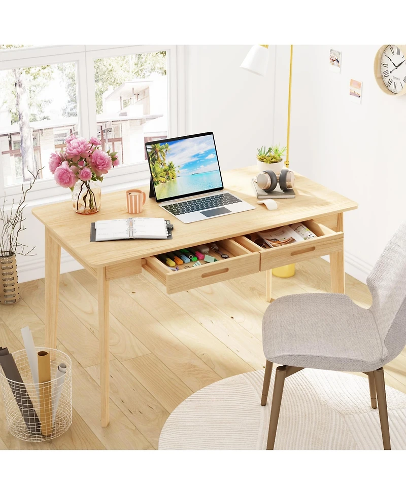 Homsee Writing Desk with 2 Slim Drawers - Large Office Rubber Wood Legs Modern Mdf Study Table Easy Assembly