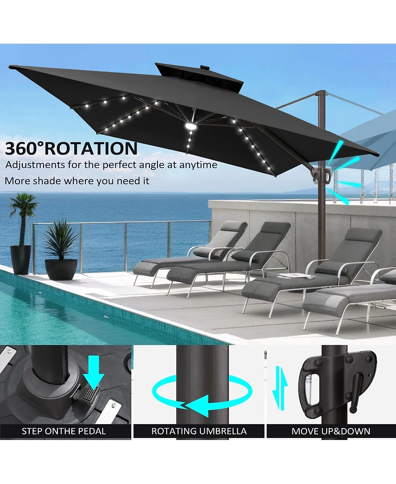 Pellebant Outdoor Patio 10X13Feet Aluminum Double Canopy Solar Lights Cantilever Umbrella with Wheel Base