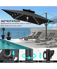 Pellebant Outdoor Patio 10X13Feet Aluminum Double Canopy Solar Lights Cantilever Umbrella with Wheel Base