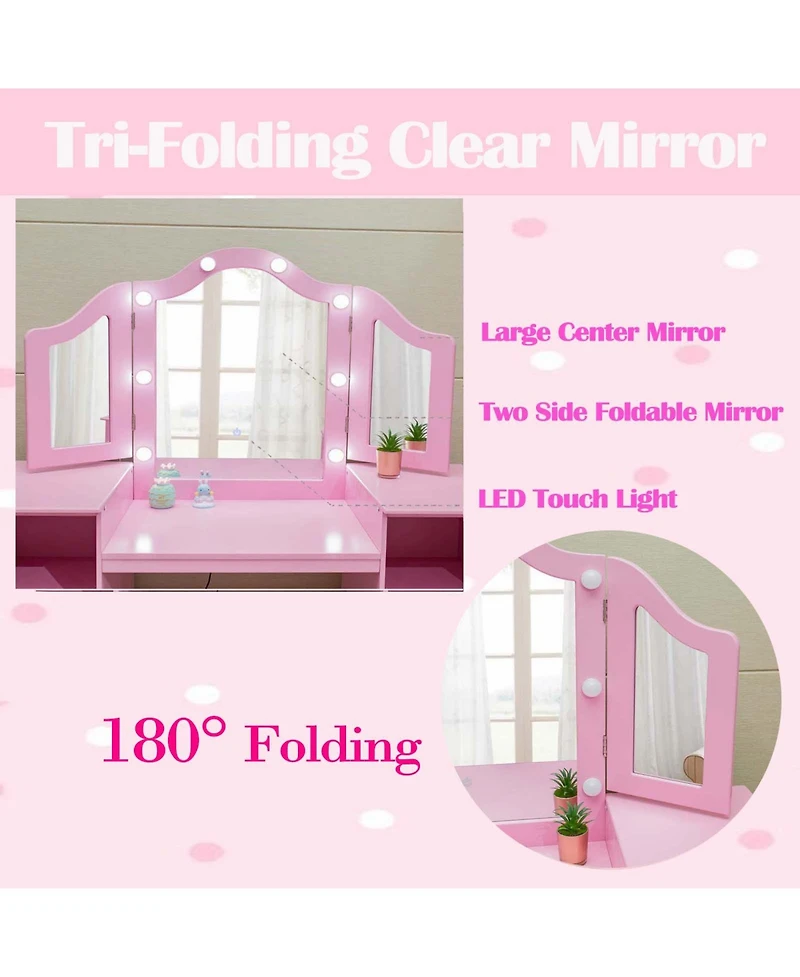 homfan 2-in-1 Vanity Table and Chair Set, Tri-Folding Lighted Mirror, Storage Drawer, High Back Chair, Convertible Desk, Ideal Gift for Toddlers