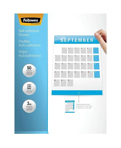 Fellowes Self Adhesive Laminating Sheets, 3mil Letter, 50 Pack