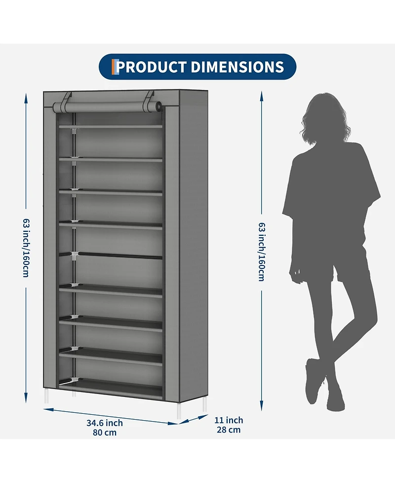 Homfan 9-Tier Shoe Rack with Storage Shelves, Iron Coat Rack and Garment Organizer, Freestanding Closet Tower for Bedroom and Entryway,