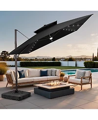 Pellebant Outdoor Patio 11x11Feet Aluminum Double Canopy Solar Lights Cantilever Umbrella with Wheel Base