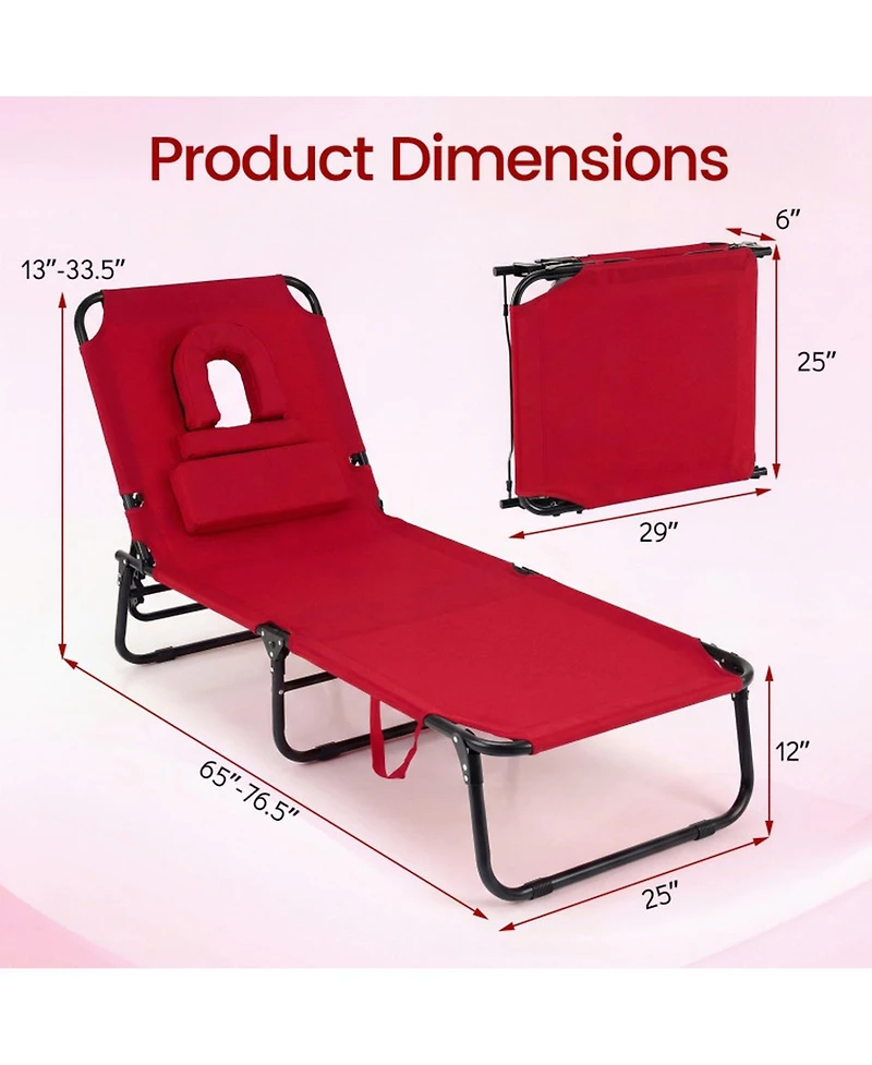Gouun Folding Face-Down Tanning Chair with Face Hole and 3 Pillows