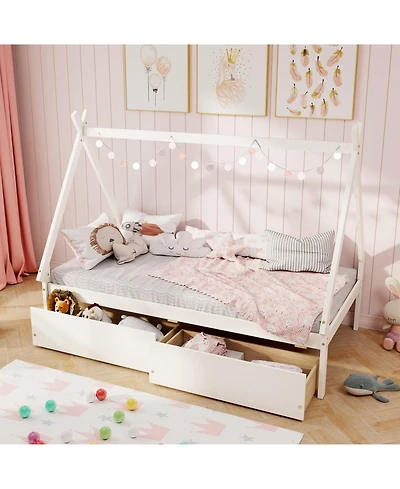 Gouun Twin Wooden House Bed Platform Frame 2 Storage Drawers Kids