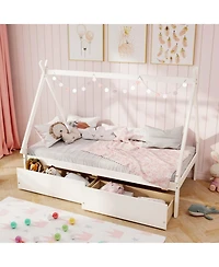 Gouun Twin Wooden House Bed Platform Frame 2 Storage Drawers Kids