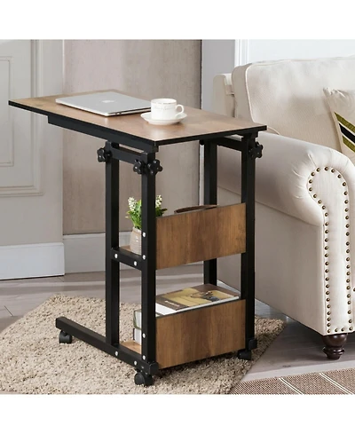 Gouun C-Shape Mobile End Table Adjustable Height Storage Shelves Rolling