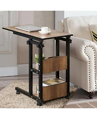Gouun C-Shape Mobile End Table Adjustable Height Storage Shelves Rolling