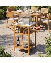 Gouun Acacia Wood Grill Table with Faux Marble Top and Drop-Leaf Sides