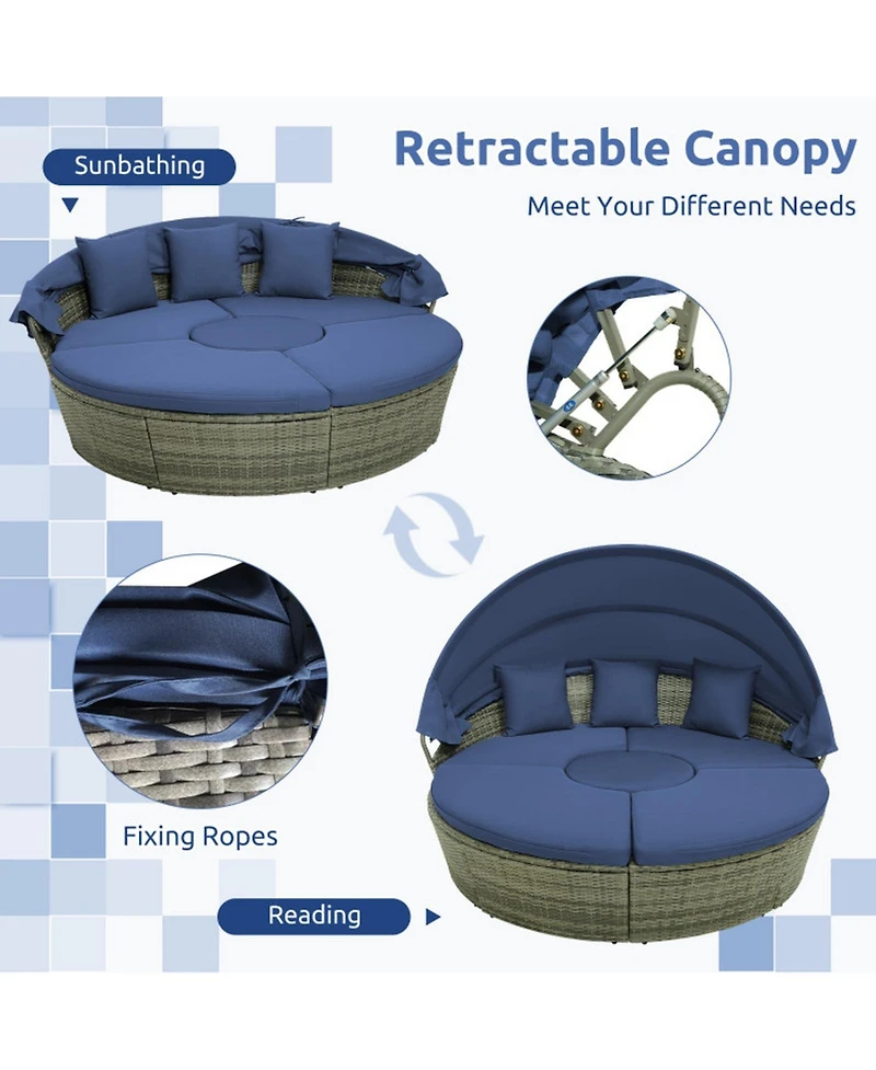 Gouun Outdoor Round Wicker Daybed with Retractable Canopy and Cushions