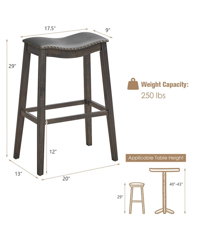 Gouun Set of 2 Backless Bar Stools with Nailhead Pvc Leather Seat
