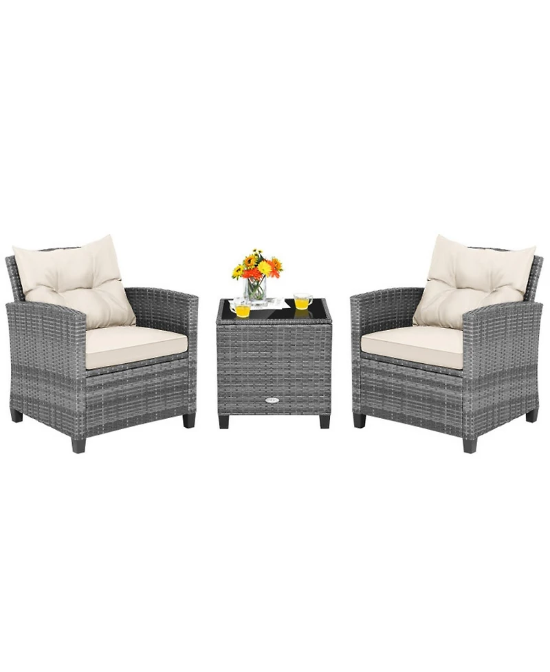 Gouun 3-Piece Outdoor Wicker Conversation Set with Glass Table