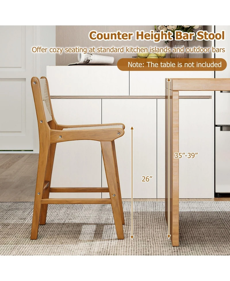 Gouun Set of 2 Counter-Height Bar Stools with Woven Rope Seats and Wood Frames