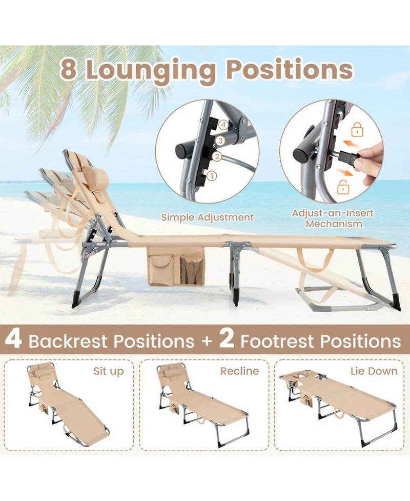 Gouun Set of 2 Folding Chaise Lounge Tanning Chairs with 4-Position Backrest