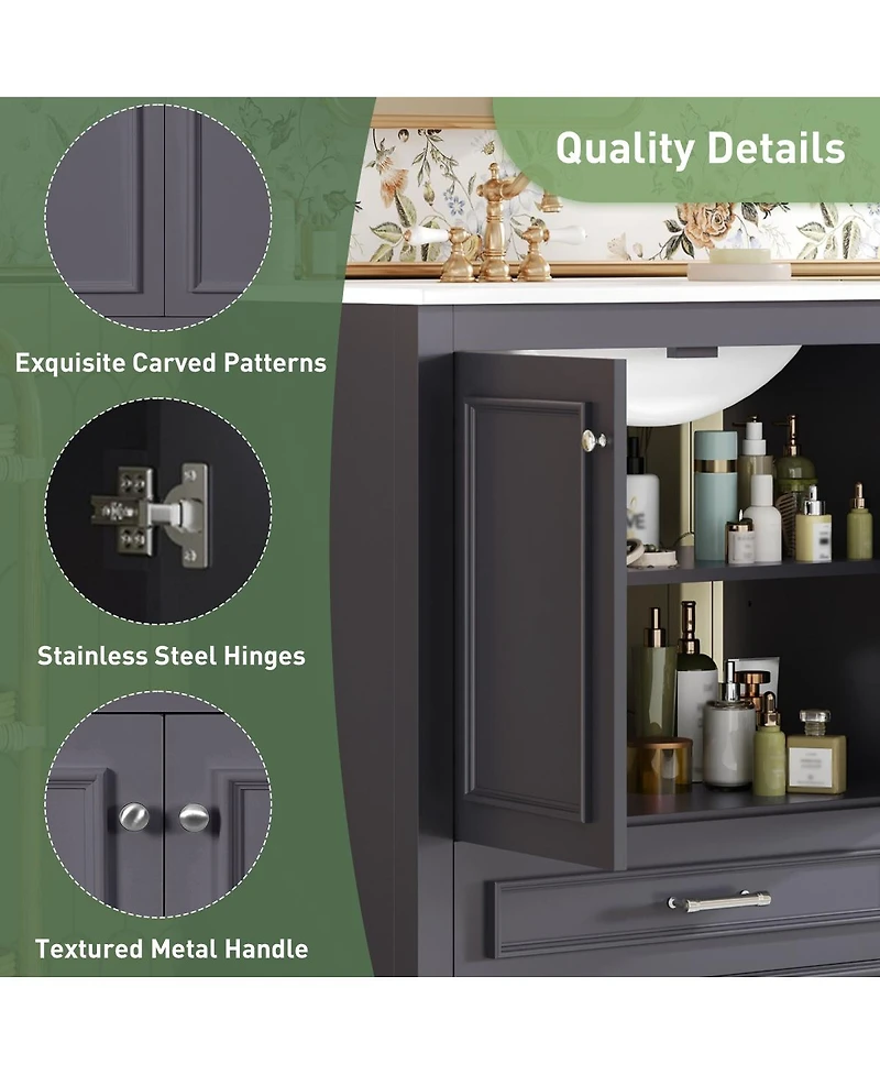 Sillysis Bathroom Vanity with Ceramic Sink, Drawer 2 Soft Close Doors, Adjustable Shelf Storage for Modern