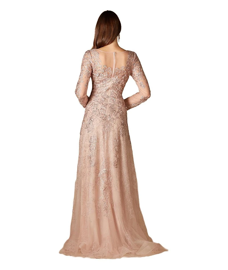 Lara Women's Long Sleeve V-Neck Lace Gown