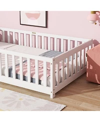 Sailvan Twin Floor Bed with Fence,Solid Rubber Wood Kids Bed Frame