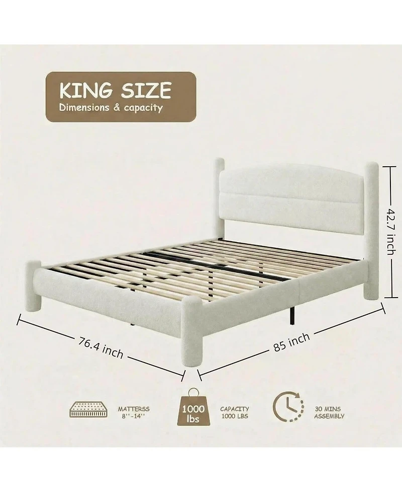 gaomon Boucle Bed Frame, Upholstered Platform Cloud with Soft Round Headboard and Cylindrical Legs, Noise Free Heavy Duty