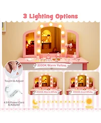 Slickblue 2 1 Kids Vanity Table Set with Tri Folding Detachable Mirror and Lights