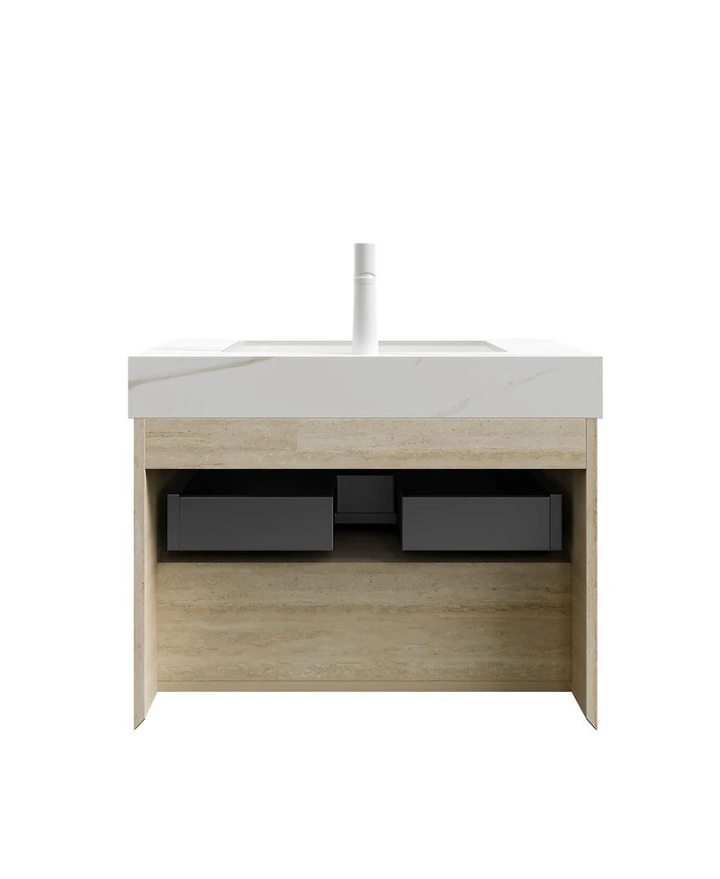 Sillysis 30 Inch Wall Mounted Bathroom Vanity with Led Shelf, Sintered Stone Top, Ceramic Sink, Soft Close Drawer for Modern Bathrooms