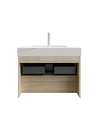 Sillysis 30 Inch Wall Mounted Bathroom Vanity with Led Shelf, Sintered Stone Top, Ceramic Sink, Soft Close Drawer for Modern Bathrooms