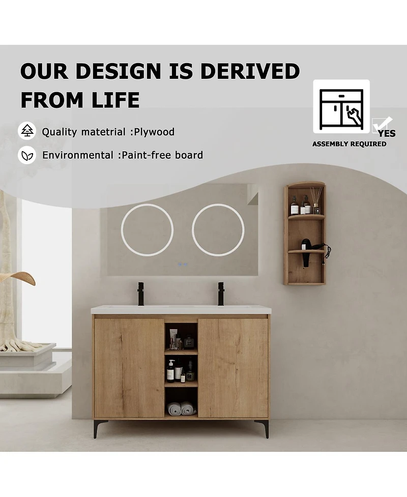 Sillysis 47.6 Inch Freestanding Double Sink Bathroom Vanity with Resin Basin, Wall Mounted Storage Rack, Modern Adjustable Shelves