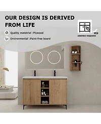 Sillysis 47.6 Inch Freestanding Double Sink Bathroom Vanity with Resin Basin, Wall Mounted Storage Rack, Modern Adjustable Shelves