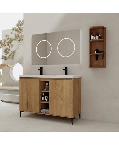 Sillysis 47.6 Inch Freestanding Double Sink Bathroom Vanity with Resin Basin, Wall Mounted Storage Rack, Modern Adjustable Shelves