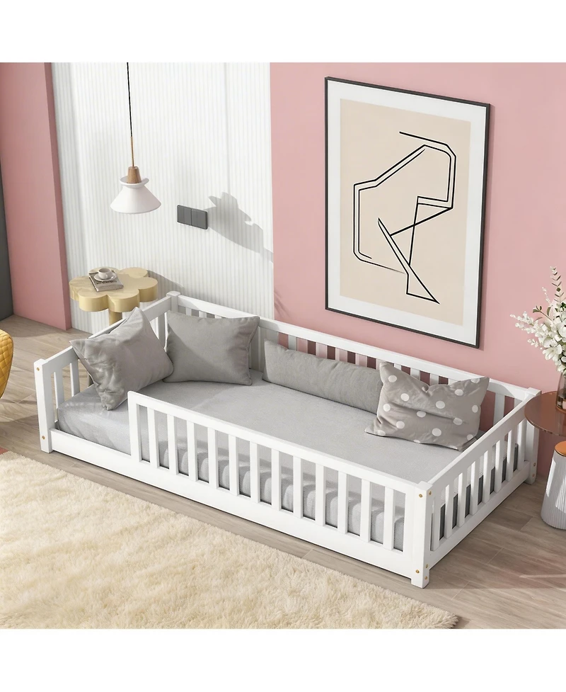 Sailvan Twin Floor Bed with Safety Guardrails,Solid Rubber Wood Fence Kids Bed Frame