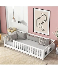 Sailvan Twin Floor Bed with Safety Guardrails,Solid Rubber Wood Fence Kids Bed Frame
