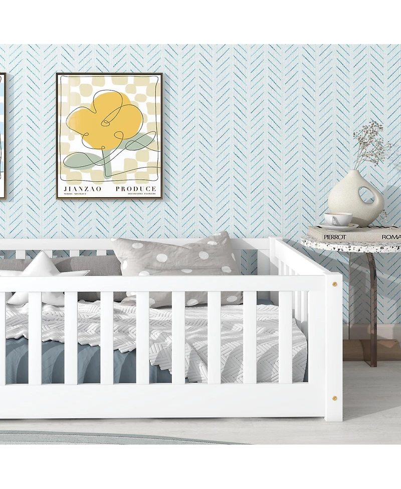 Sailvan Twin Floor Bed with Safety Guardrails,Solid Rubber Wood Fence Kids Bed Frame