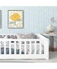 Sailvan Twin Floor Bed with Safety Guardrails,Solid Rubber Wood Fence Kids Bed Frame