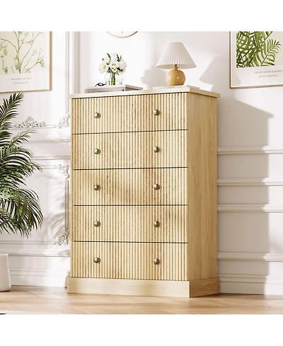 homfan 5 Drawer Tall Dresser with Fluted Front and Metal Handles for Bedroom, Guest Room, Apartment, Entryway