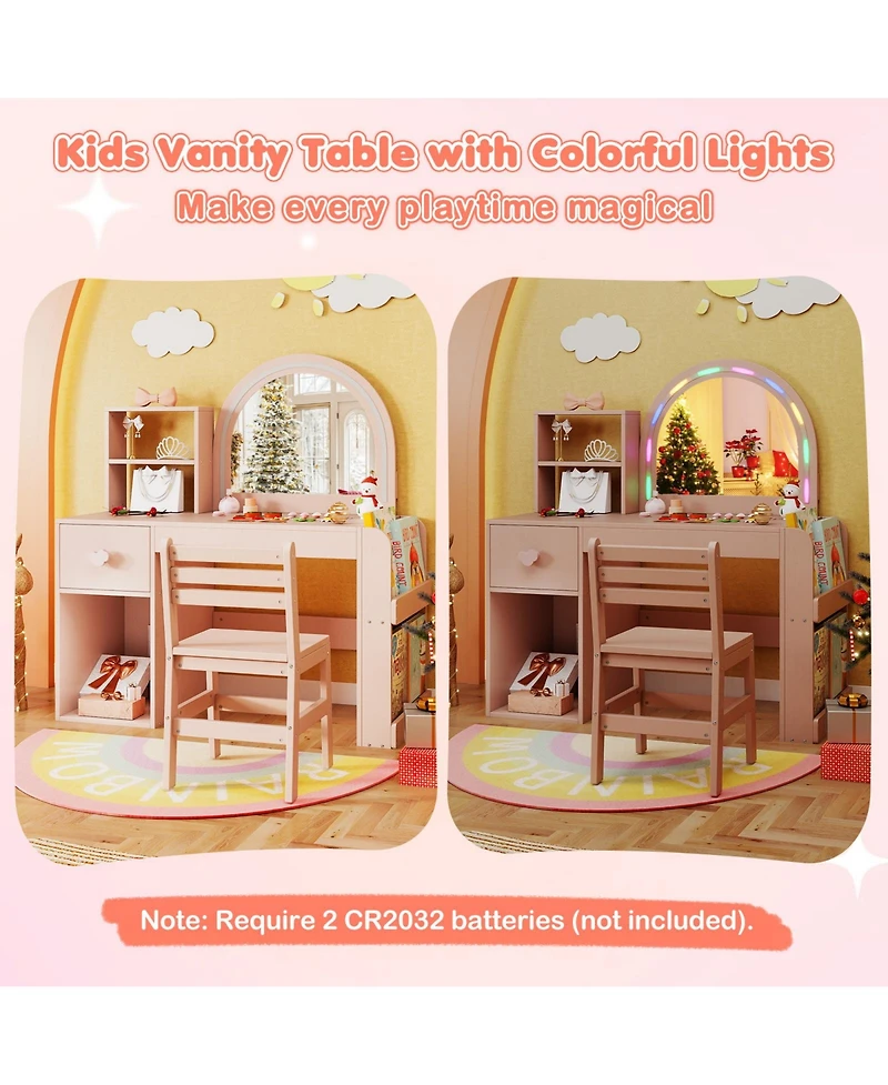 Slickblue Kids Makeup Vanity Table Set with Lighted Mirror and Chair for Ages 3+