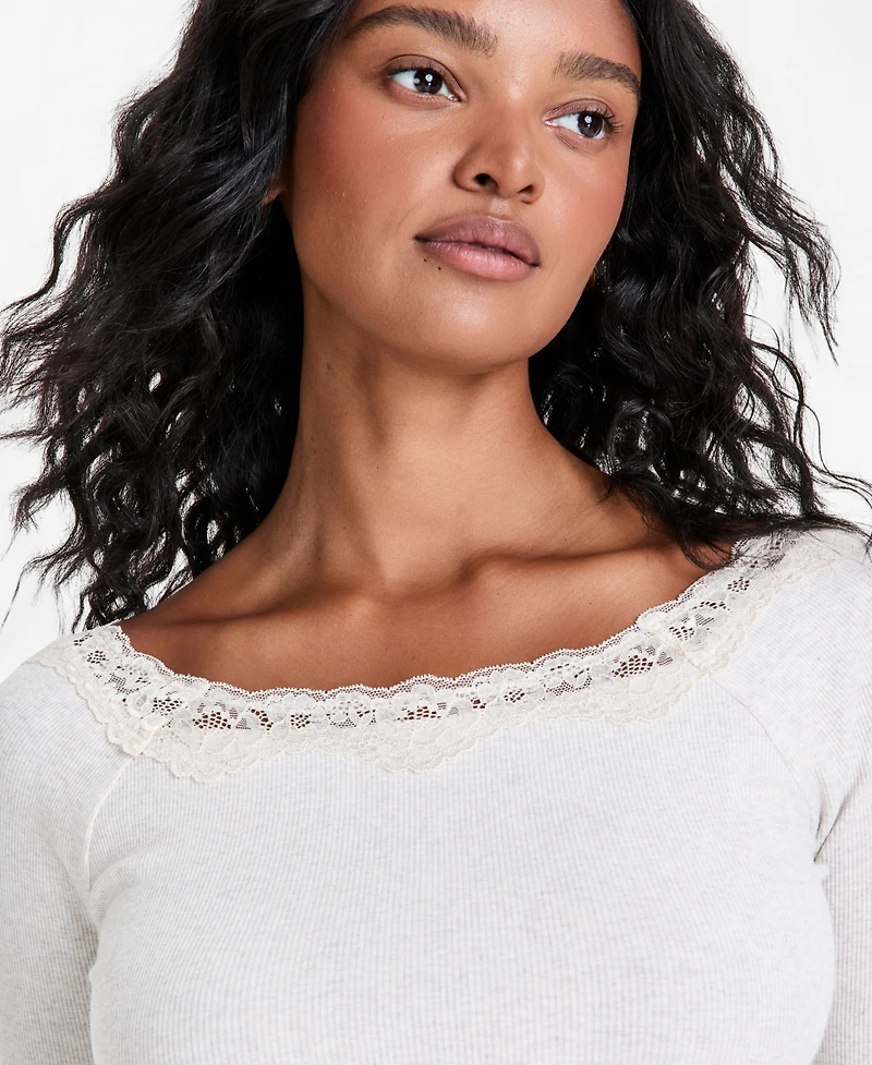 And Now This Petite Lace Trim Scoop Knit Ribbed-Knit T-Shirt, Macy's Exclusive