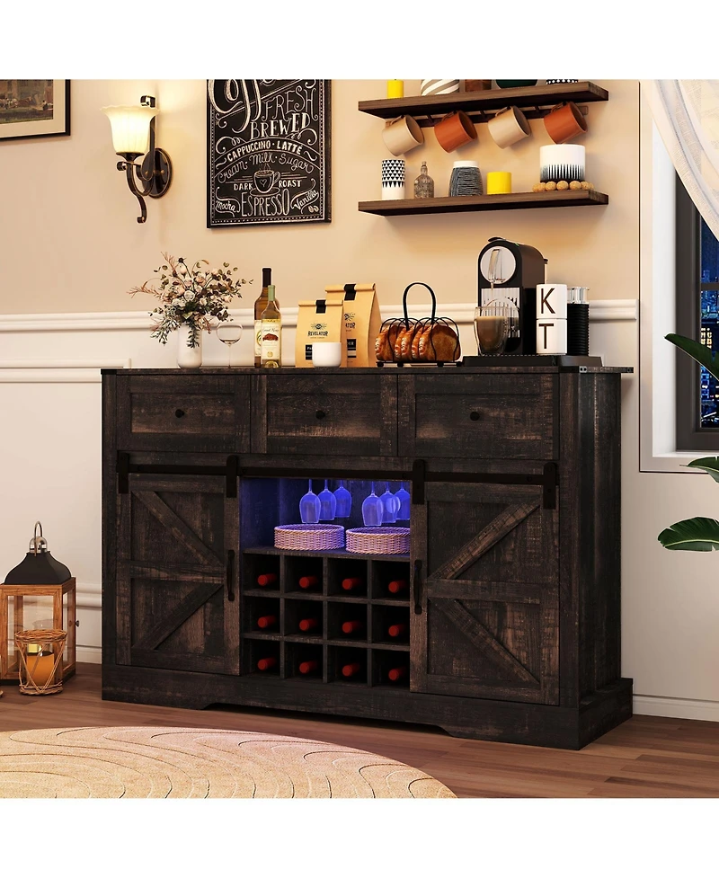 Slickblue 52 Inch Home Bar Cabinet with Led Lights, Sliding Barn Doors and Wine Storage