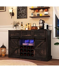 Slickblue 52 Inch Home Bar Cabinet with Led Lights, Sliding Barn Doors and Wine Storage