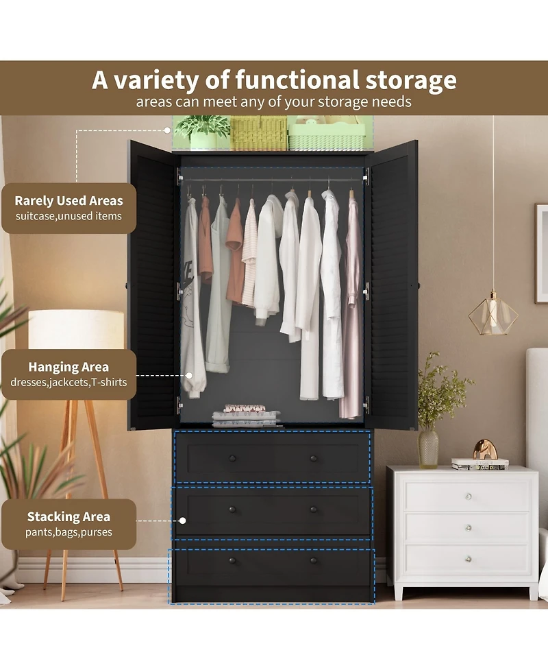 homfan 70" Wardrobe Armoire with 2 Doors and 3 Drawers Hanging Rod Shelf, Large Capacity Armoire, Freestanding Wooden Cabinet
