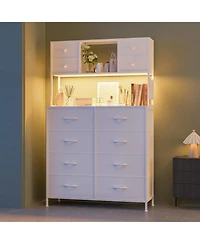 homfan 12 Drawer Dresser, 56 Inch Fabric Storage Cabinet with Led Light and Charging Station for Bedroom/ Living Room / Entryway