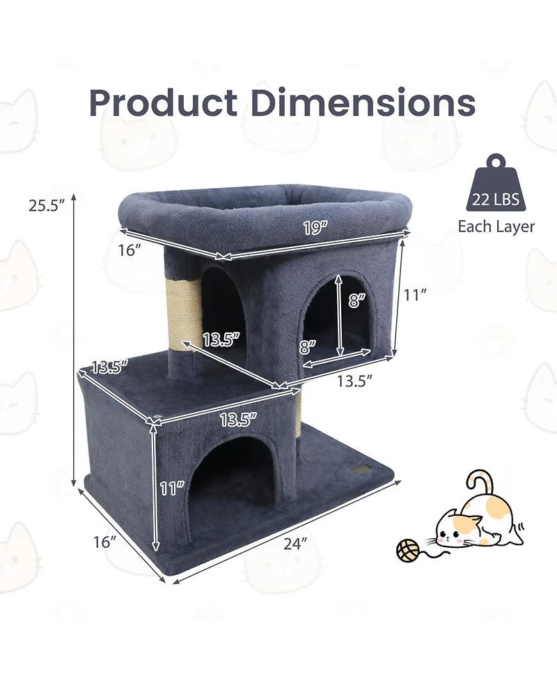 Gymax 25.5'' Cat Tree with 2 Large Condo Padded Top Perch Sisal Scratching Posts for Cats