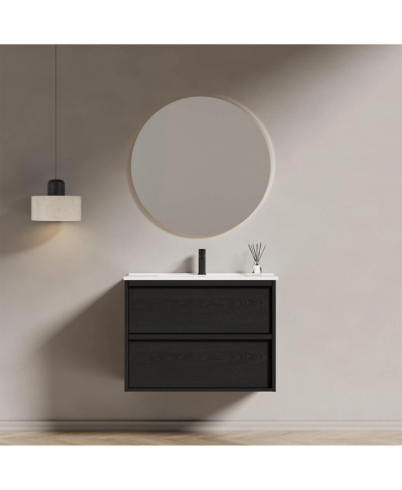 Phying 30 Inch Bathroom Vanity Cabinet With Ceramic Sink Modern Wall Mounted Floating Fluted Vanity With Drawers