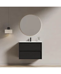 Phying 30 Inch Bathroom Vanity Cabinet With Ceramic Sink Modern Wall Mounted Floating Fluted Vanity With Drawers
