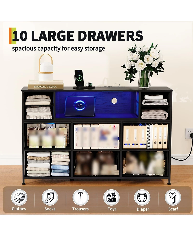 homfan Tv Stand 10 Dresser for 40-55 Inch TVs, 47 Fabric Storage Cabinet with Led Lights and Charging Station Bedroom Living Room Entryway