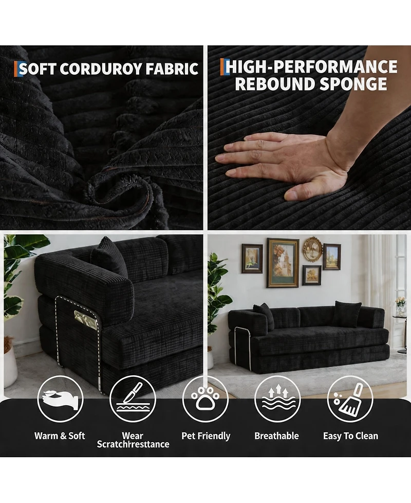 homfan 5-in-1 Convertible Sofa Bed, Corduroy Floor with 4 Pillows, 2 Cup Holders and Deep Seat Cushion for Small Spaces