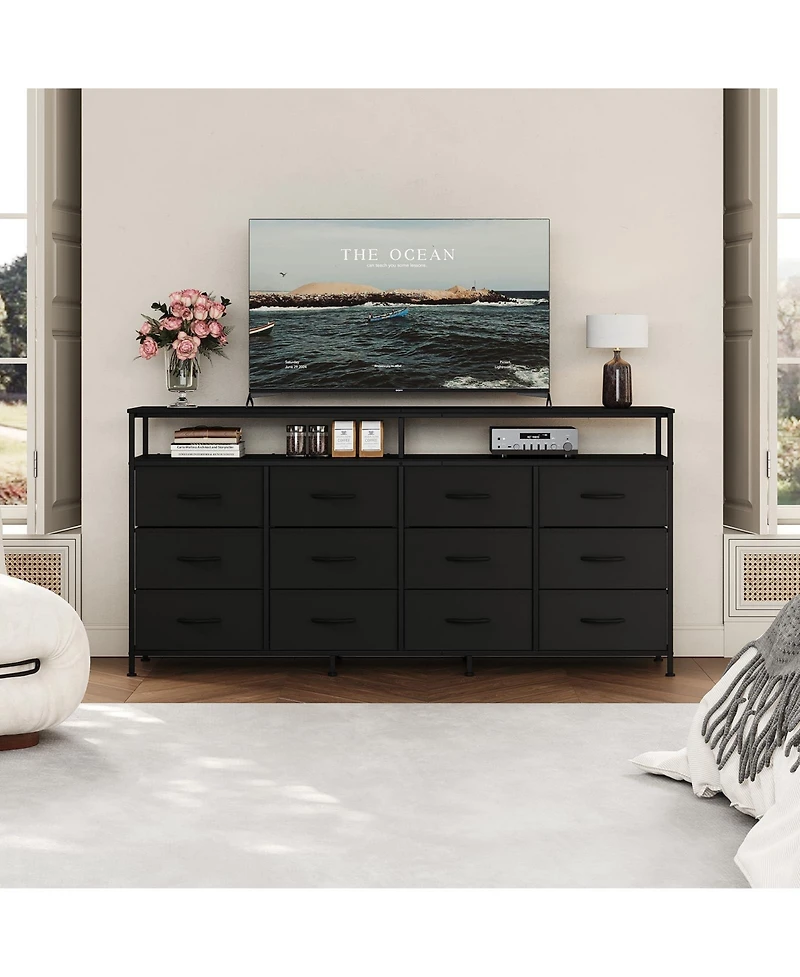 homfan 63-Inch Fabric Long Dresser with 12 Drawers - Tv Stand Fits Up to 70 Inch Modern Storage Cabinet Open Shelf