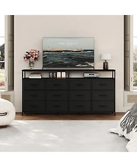 homfan 63-Inch Fabric Long Dresser with 12 Drawers - Tv Stand Fits Up to 70 Inch Modern Storage Cabinet Open Shelf