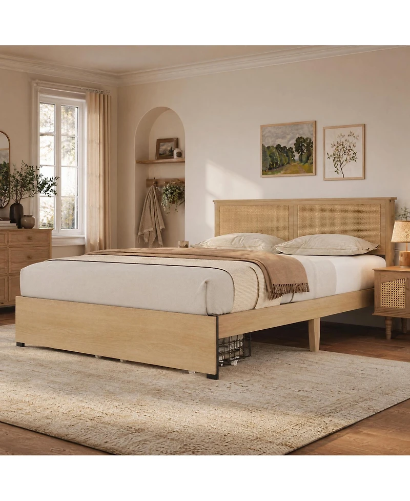 homfan Boho Rattan Headboard Platform Bed With Storage Drawers, Wood Frame, Metal Slat Support, No Box Spring Needed, Easy Assembly