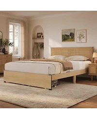 homfan Boho Rattan Headboard Platform Bed With Storage Drawers, Wood Frame, Metal Slat Support, No Box Spring Needed, Easy Assembly