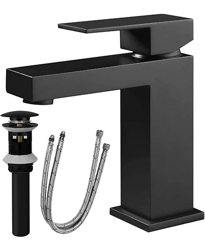 Busdays Single Hole Brass Bathroom Faucet Single Handle Square Vanity Faucet with Pop Up Drain and Water Supply Hoses