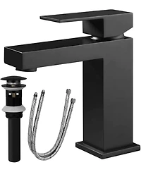 Busdays Single Hole Brass Bathroom Faucet Single Handle Square Vanity Faucet with Pop Up Drain and Water Supply Hoses